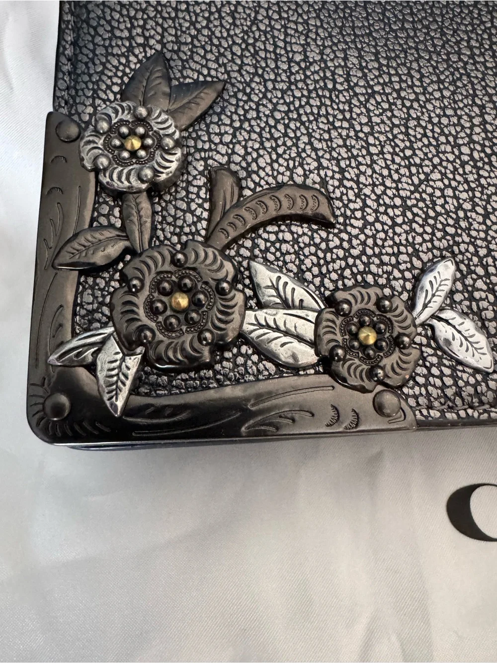 COACH Metallic Pewter Floral Appliqué Leather Foldover Chain Clutch